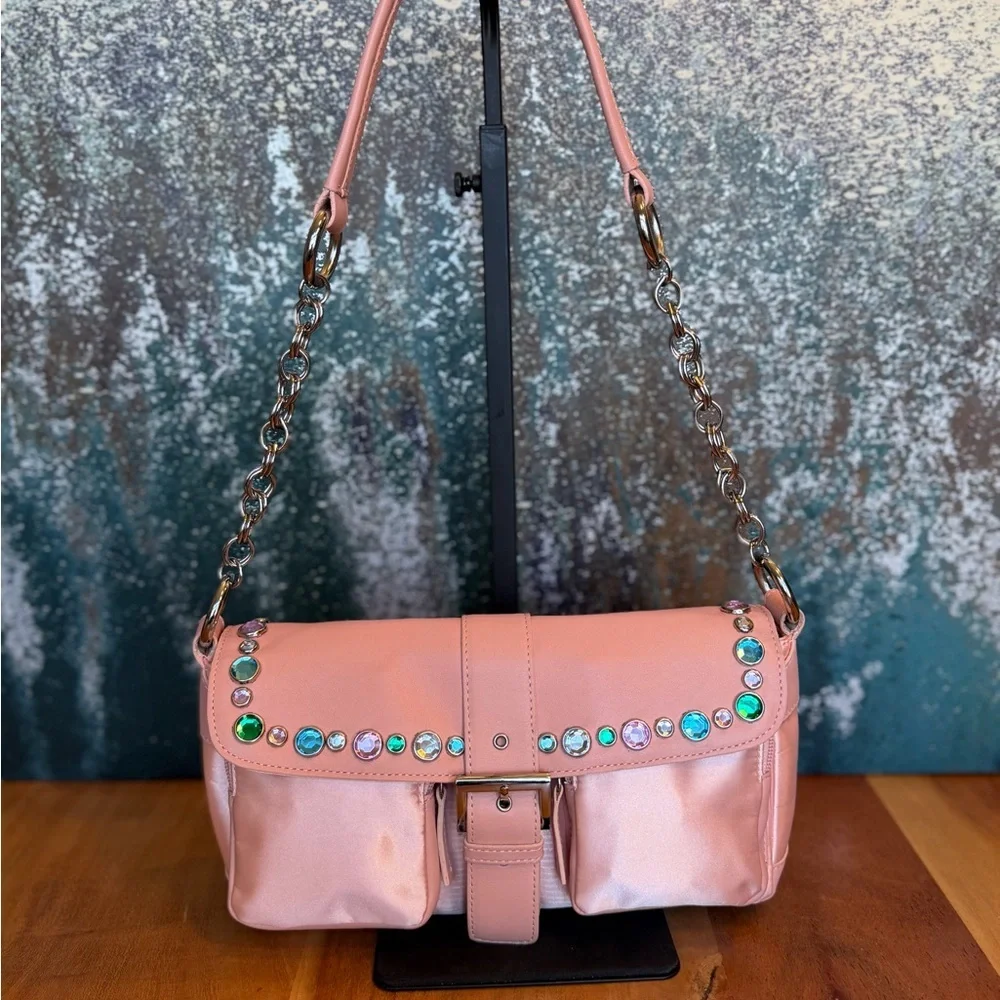 Sondra Roberts Barbiecore Glam Pink Rhinestone Satin  Clutch Shoulder Bag NWOT - Picture 3 of 16